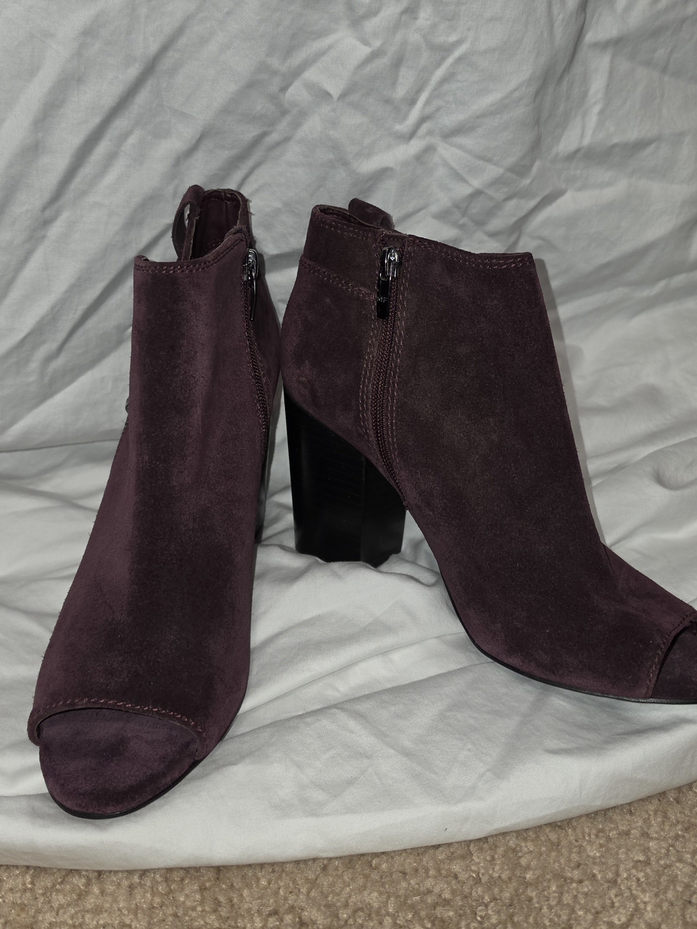 Women’s Suede Peep-Toe Ankle Boots in Plum